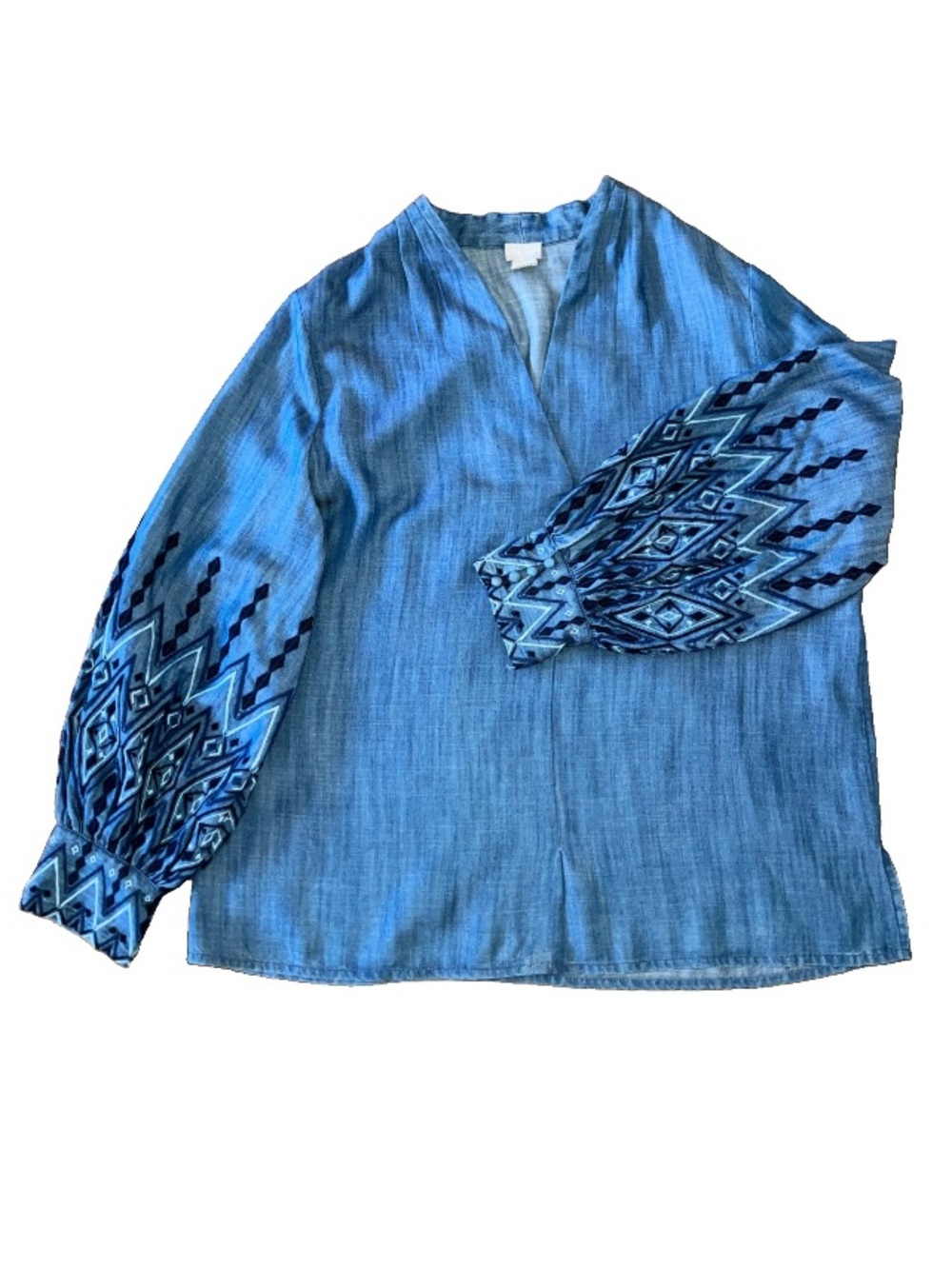 Chico’s Tunic L/12/2 Blouse Chambray Embroidered Puff Sleeves V-Neck Artsy Boho. - Picture 4 of 12